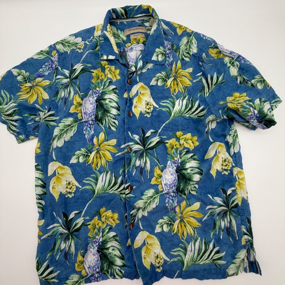 Tommy Bahama Mens Large Blue Linen Parrot Floral Tropical Camp Shirt Hawaiian - Picture 4 of 9